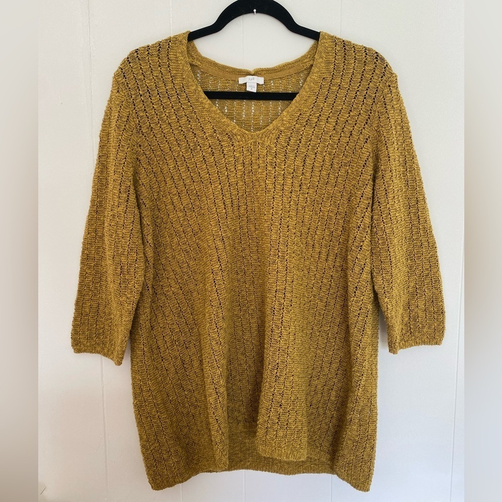 J. JILL Women’s Crotchet Knit 3/4 length Sleeve Yellow V-neck Sweater in Size XL